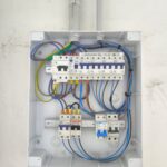Caja de distribución eléctrica con varios interruptores automáticos y cables de diferentes colores, instalados en una pared blanca.